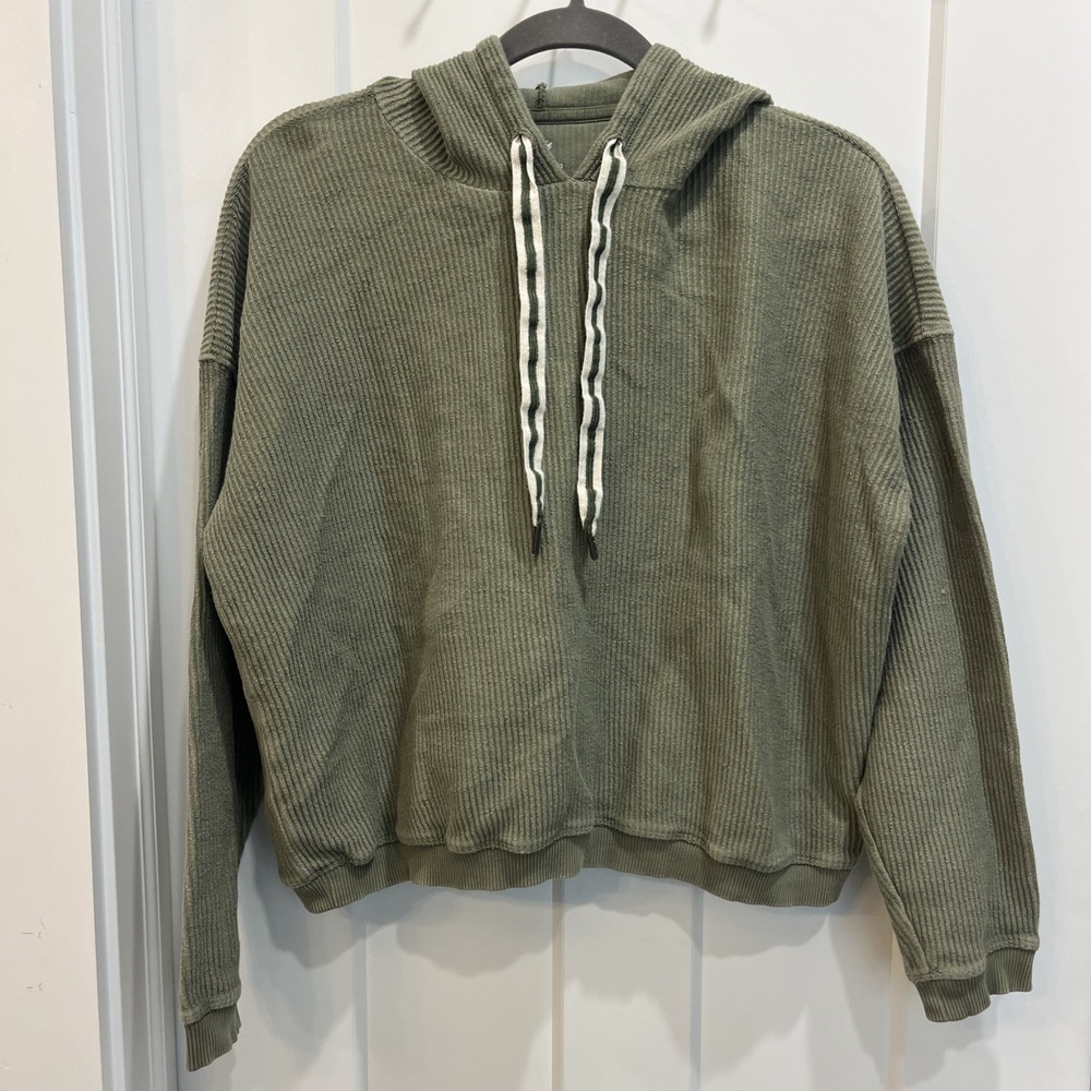 Aerie Ribbed Knit Hoodie Women Olive Green Cropped Long Sleeve Cotton Size M